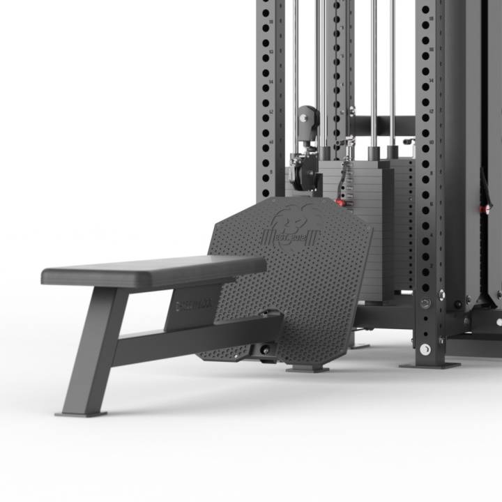 Crossmaxx Cable 5-stack multi-station med benk til styrketrening og kommersielt treningssenter.