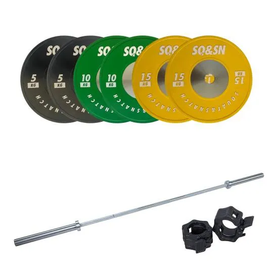SQ&SN Styrkeløft Vektstangsett 60 kg Farget + 20 kg Stang SQ&SN Styrkeløft Vægtstangssæt 80 kg - skiver, låse og stang
